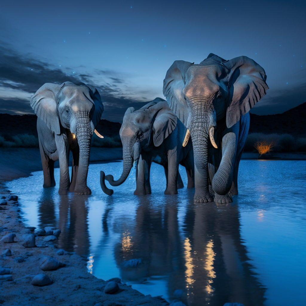 A family of elephants playing in a river
