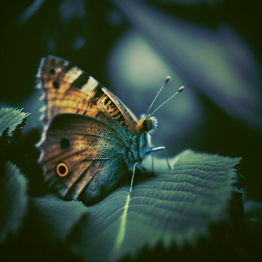 A macro shot of a butterfly perched on a leaf