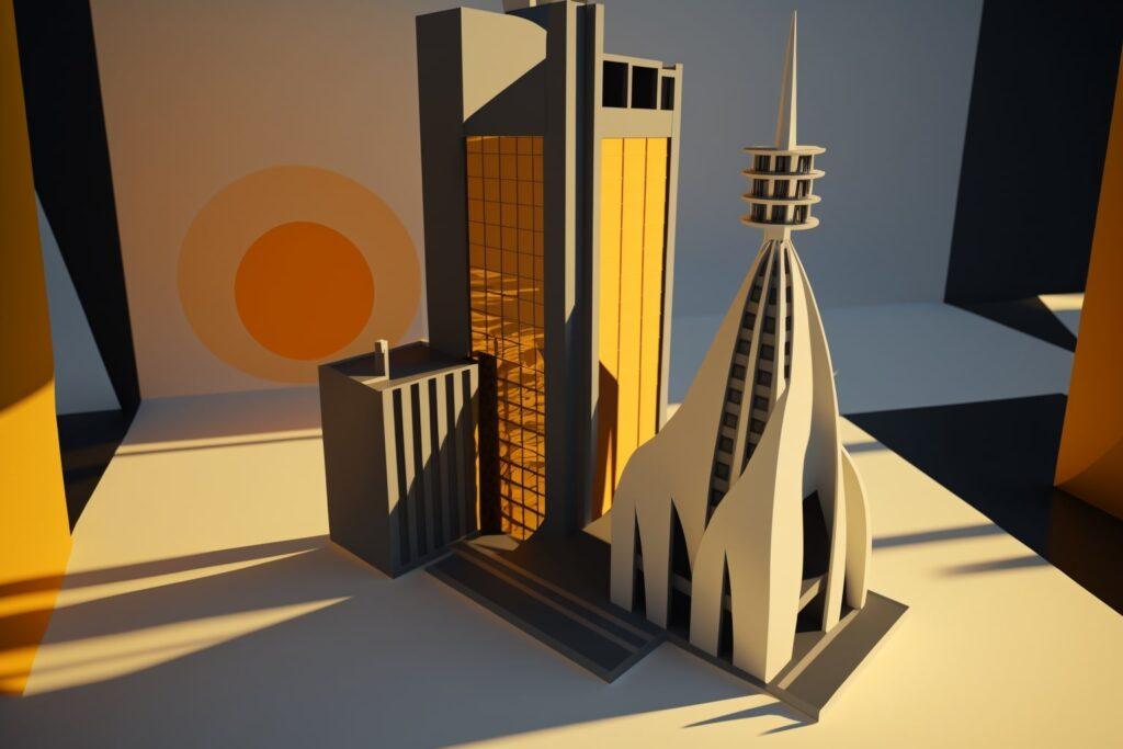 a diorama of a post-modern skyscraper