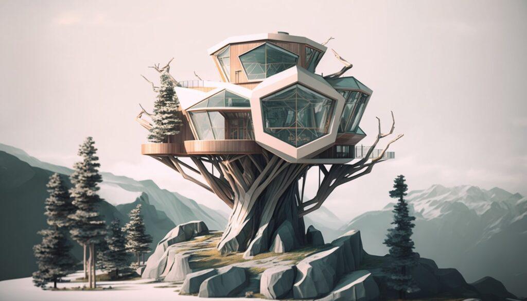 a low poly futuristic treehouse