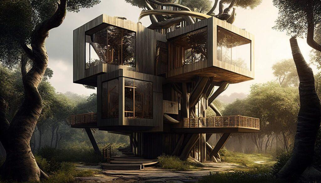 a modern treehouse in a natural setting