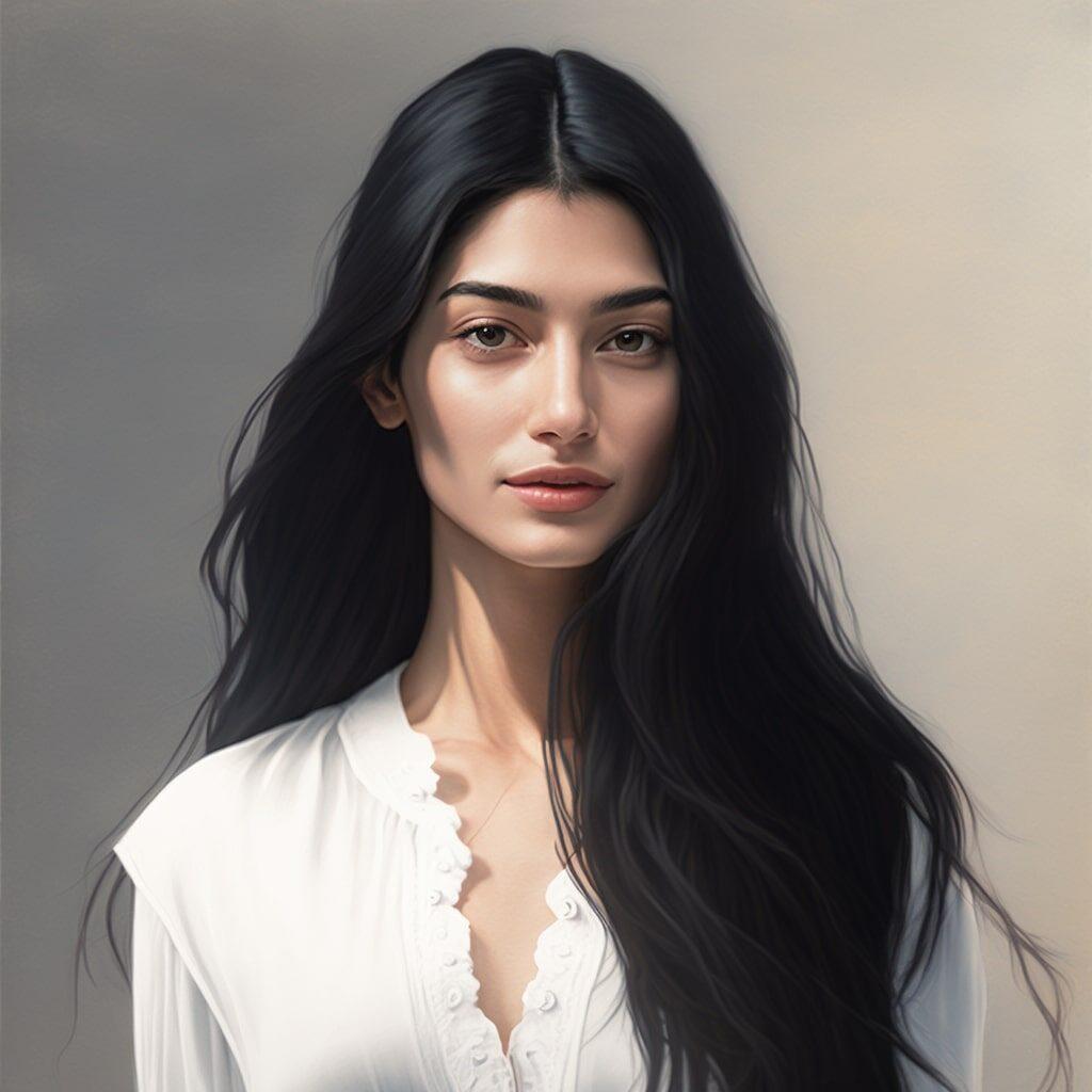 a woman with long black hair and a white shirt