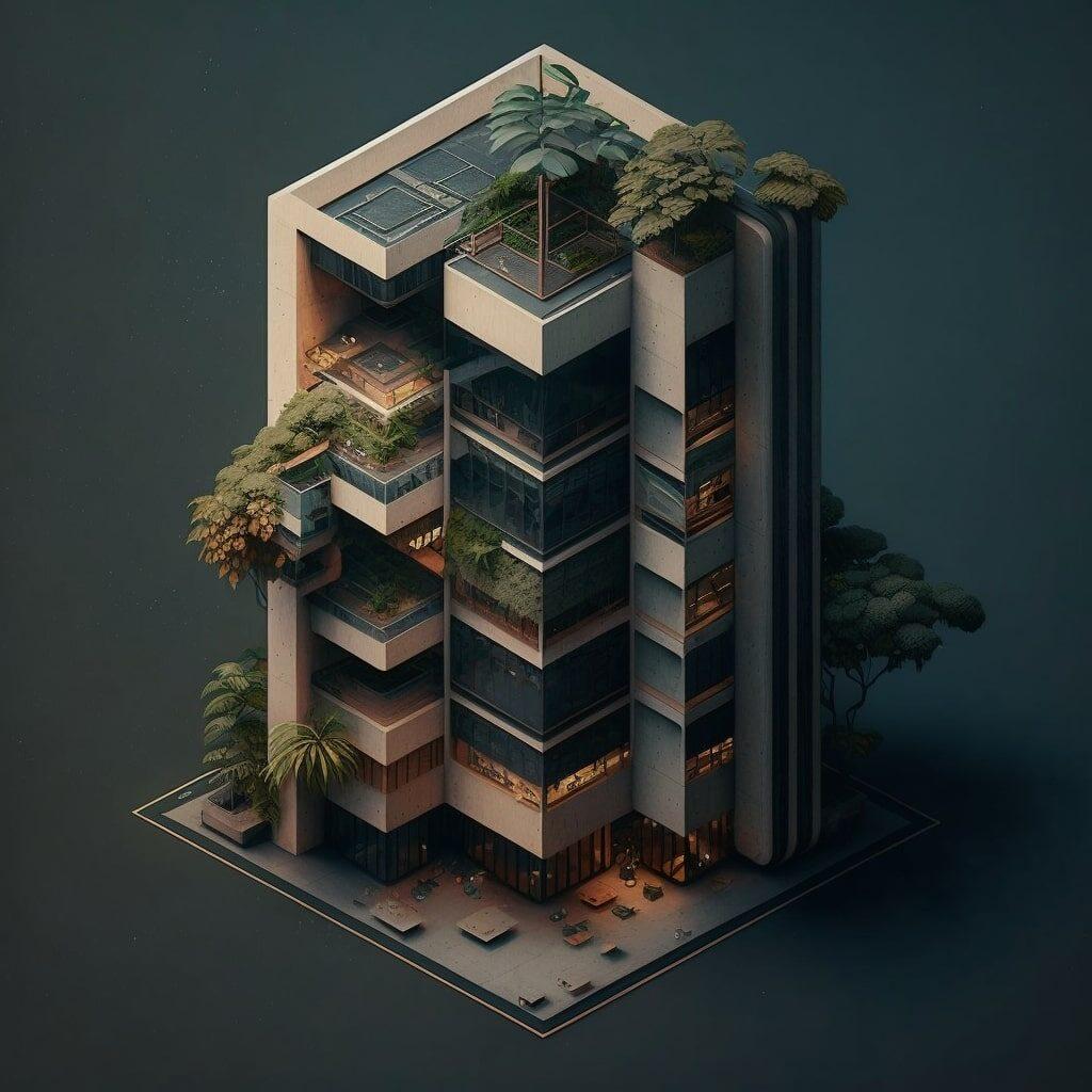 an isometric brutalist office tower